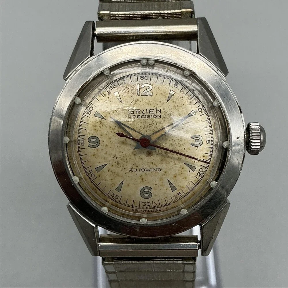 Vintage Gruen Precision Autowind Mens Watch 30mm Cream Dial Stainless Band Swiss